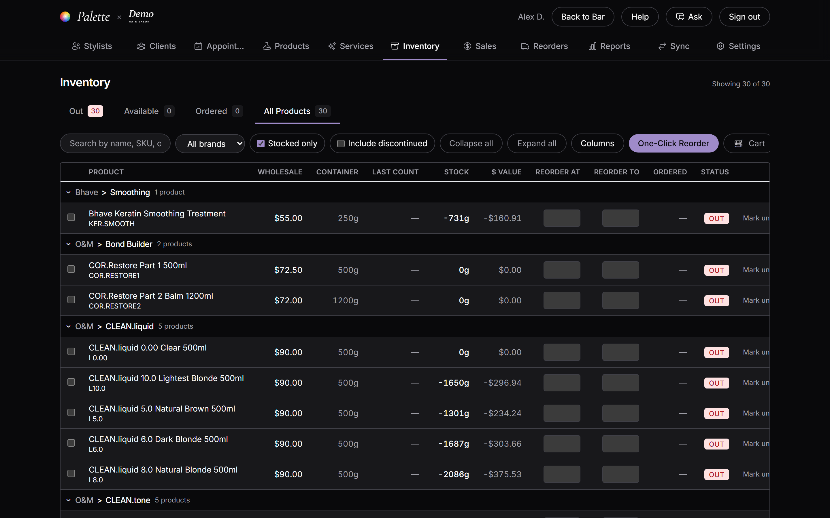 Palette inventory, stock levels and one-click reorder